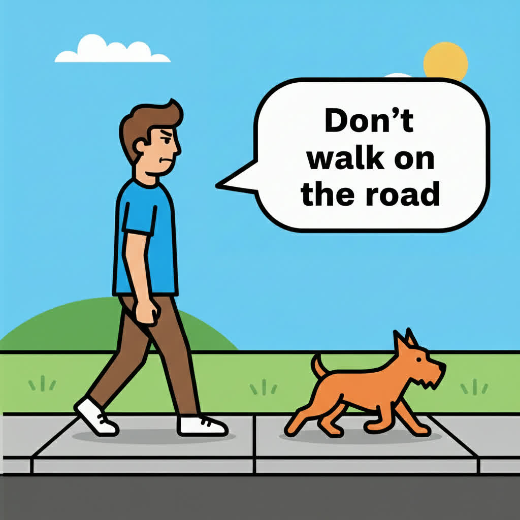 Frustrated person telling their dog not to walk on the road - the dog ignores them